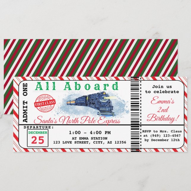 Invitation Père Noël Train de Noël Pôle Nord Ticket Anniversa (Devant / Derrière)
