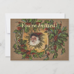 Invitation Père Noël Vintage Antique Houx Noël