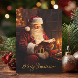 Invitation Père Noël vintage lisant un livre Fête de Noël