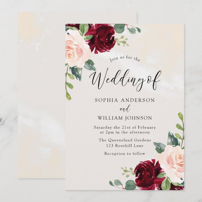 Invitation Perfection Blush : Mariage floral en marbre aquare (Devant / Derrière)