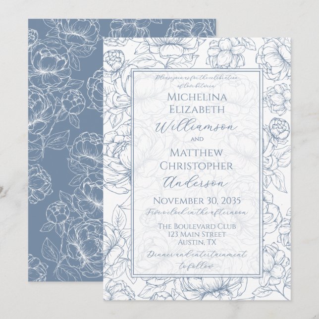 Invitation Periwinkle Blue Elegant Hand-Drawn Floral Wedding  (Devant / Derrière)