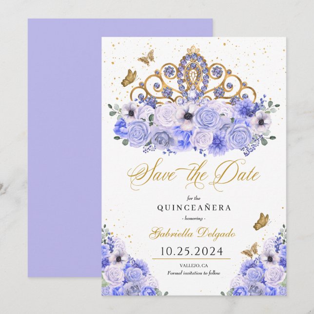 Invitation Periwinkle & Gold Tiara Enregistrer La Date Quince (Devant / Derrière)
