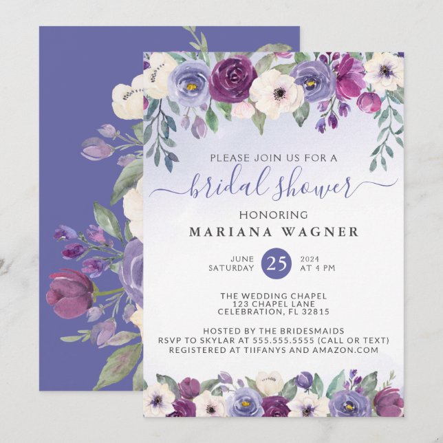 Invitation Périwinkle Purple Fuchsia Floral Fête des mariées  (Devant / Derrière)