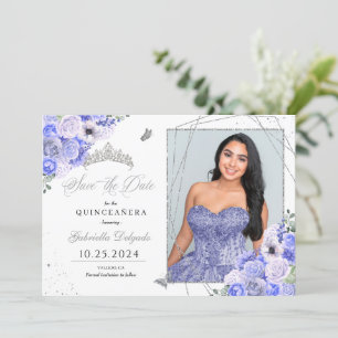 Invitation Periwinkle Silver Quinceañera Enregistrer la date