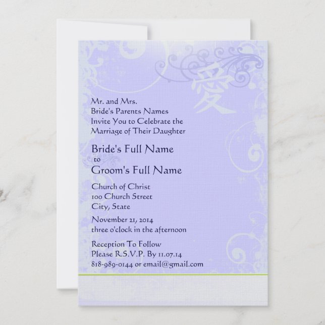 Invitation Périwinkle violet Kanji Love Mariage (Devant)
