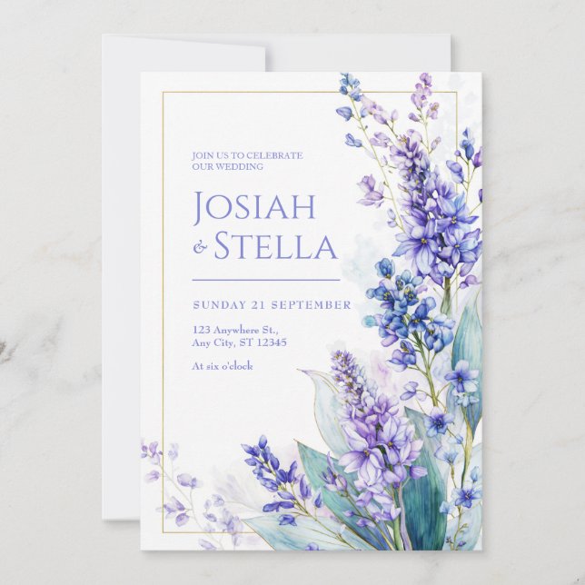 Invitation Periwinkle Watercolor Muscari Gold Frame Wedding (Devant)
