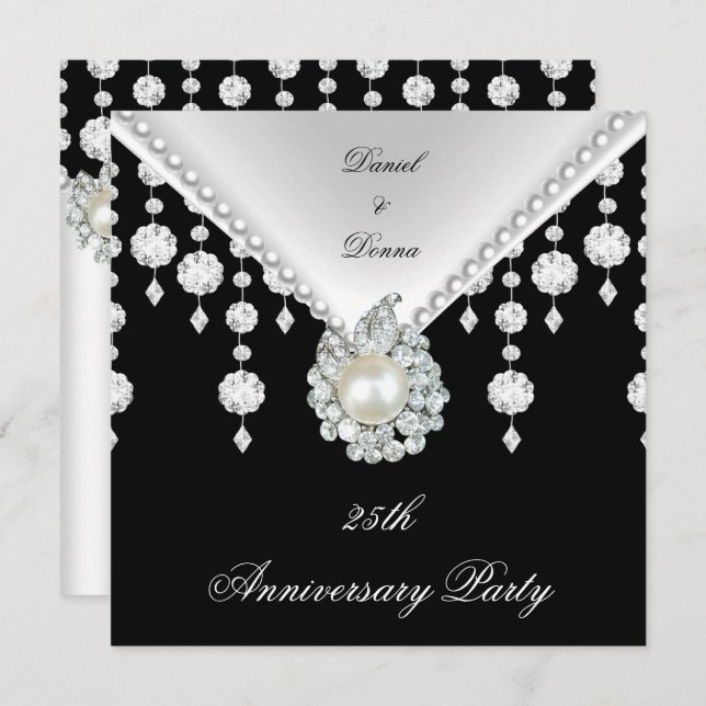 Invitation Perle blanche noire argentée 25e anniversaire 2 (Devant / Derrière)