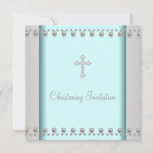 Invitation Perle Bleu Turquoise Croix Bébé Baptême Christenin