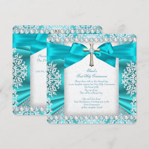 Invitation Perle de Téal Blanc Première Sainte Communion Fill