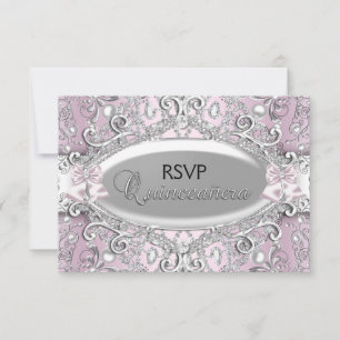 Invitation Perle en argent et en rose Damas Quinceanera RSVP