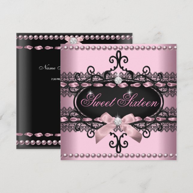Invitation Perle en dentelle noire rose 16 Sweets sixteens (Devant / Derrière)