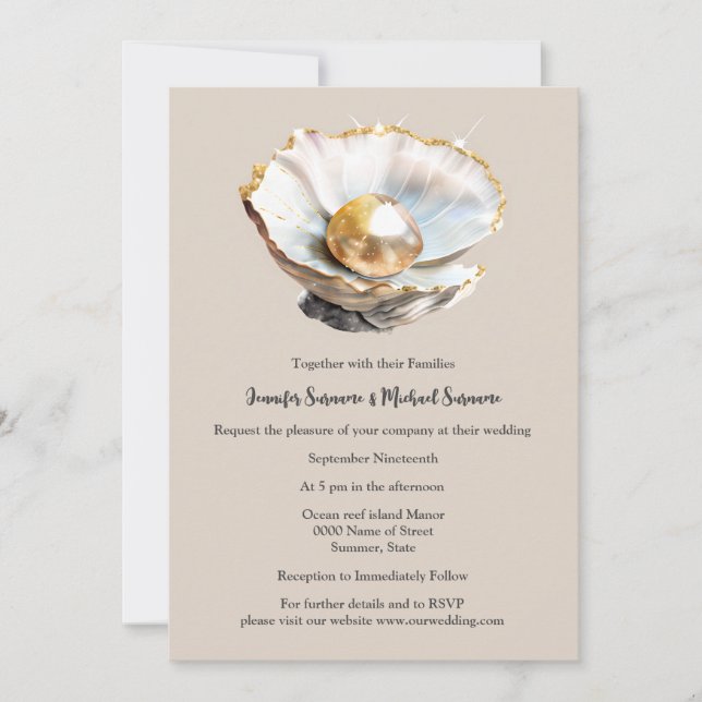Invitation Perle rose cendrée en coquille 3D brillant plage c (Devant)