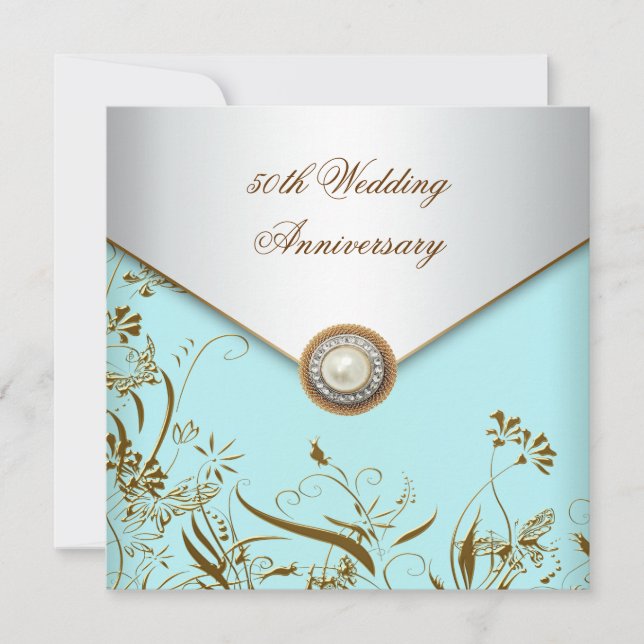 Invitation Perle sarcelle fleur d'or 50e anniversaire de mari (Devant)