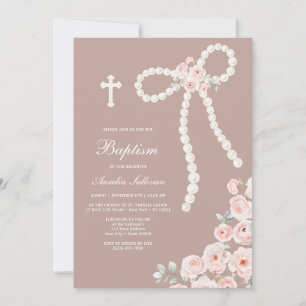 Invitation Perles Arc et Roses sur Baptême Taupe
