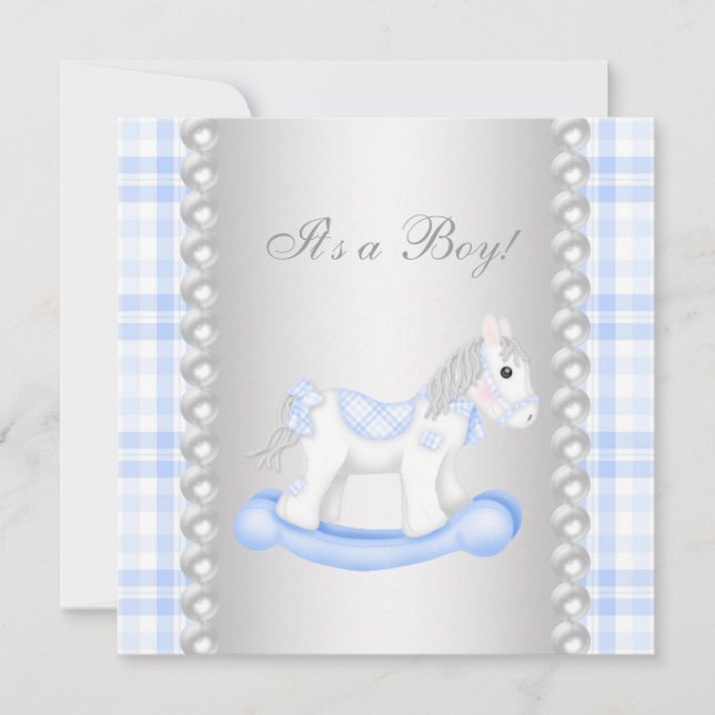 Invitation Perles Blue En vichy Rocking Horse Baby Boy Douche (Devant)