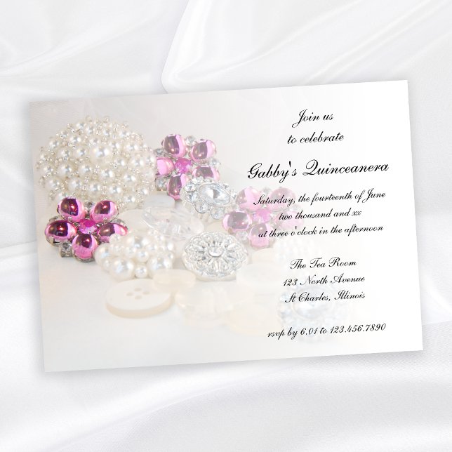 Invitation Perles Boutons Diamants Rose Quinceañera (Créateur téléchargé)
