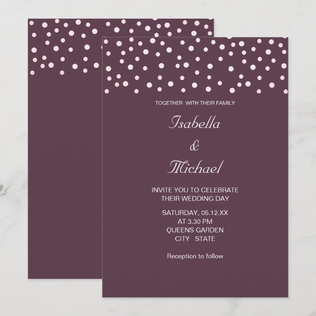 Invitation Perles chic et calligraphie sur Cassis Purple Mari (Devant / Derrière)