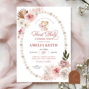 Invitation Perles de Bow rose première communion sacrée baptê