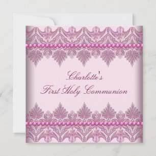 Invitation Perles de dentelle rose pour filles 1ère communion