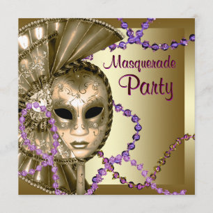 Invitation Perles de Mardi Gras violettes dorées Fête de masq