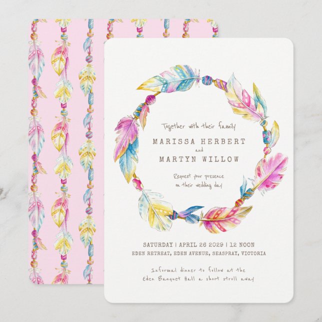 Invitation Perles de plumes Boho aquarelle rose mariage invit (Devant / Derrière)