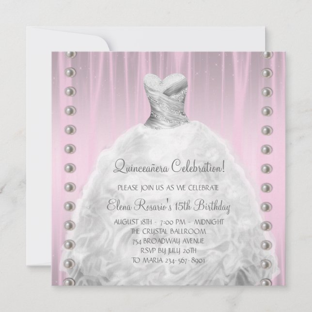 Invitation Perles de robe de fête Quinceanera rose (Devant)