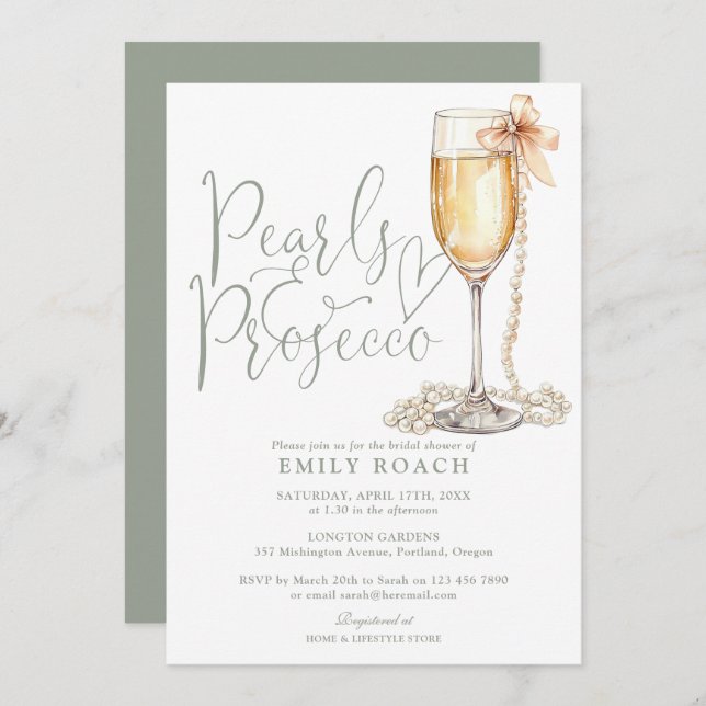Invitation Perles Et Fête des mariées Verte De Prosecco Sage (Devant / Derrière)