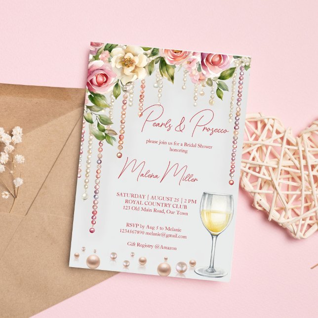 Invitation Perles et la douche de mariée de prospect élégant (Pearls and prosecco bridal shower elegant invitation editable template instant download blush pink)