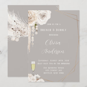 Invitation Perles florales blanches beige gris Brunch & Bubbl