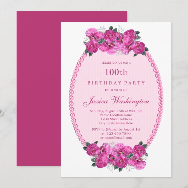 Invitation Perles florales roses et dentelle 100e anniversair (Devant / Derrière)
