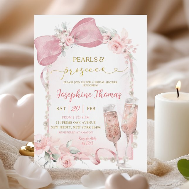 Invitation Perles florales roses et Fête des mariées Prosecco (Créateur téléchargé)