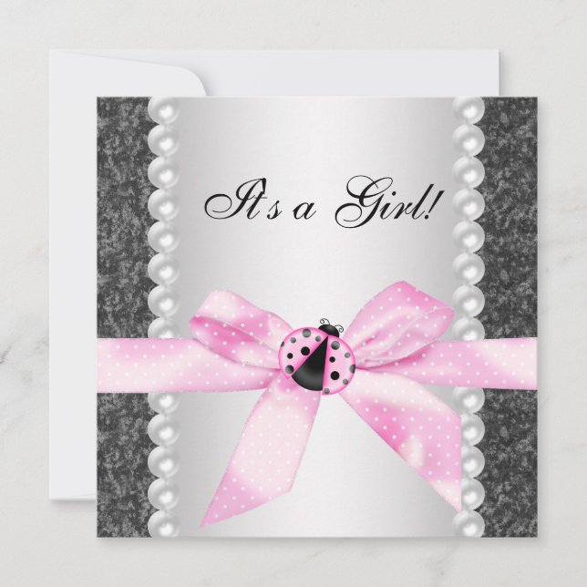 Invitation Perles Ladybug rose noir bébé fille douche (Devant)