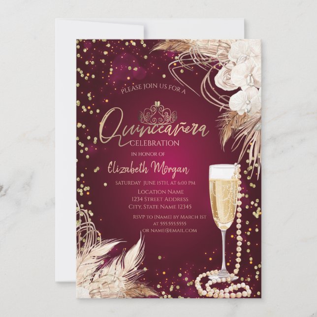 Invitation Perles Prosecco Diamonds Boho Fleurs Quinceañera (Devant)