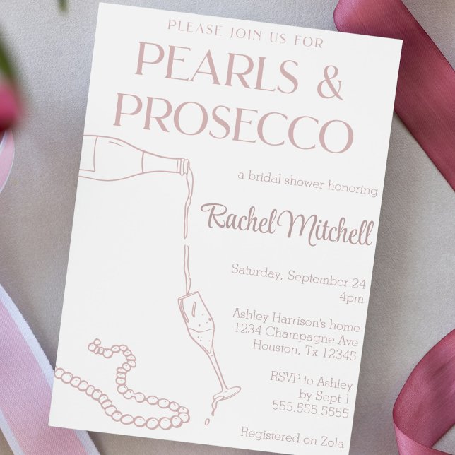 Invitation Perles & Prosecco Pink Bridal / Lingerie Douche (pearls and Prosecco bridal or lingerie shower invitation cute handdrawn champagne pearls invite)