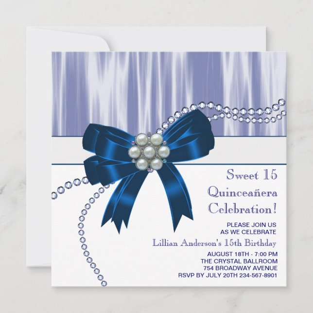 Invitation Perles Quinceanera Bleu Marine (Devant)