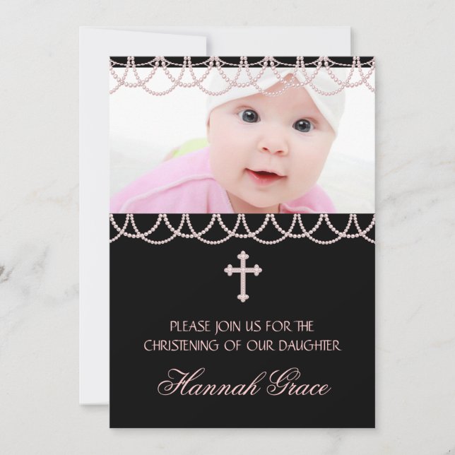 Invitation Perles roses Christening rose et noir (Devant)