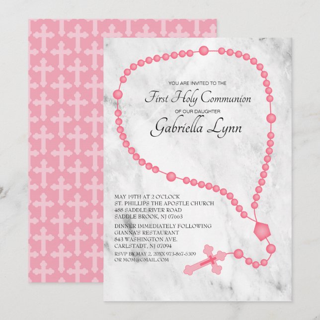 Invitation Perles roses de Rosaire première communion sainte (Devant / Derrière)