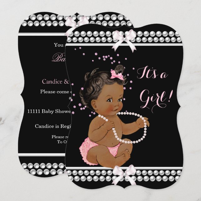 Invitation Perles roses mignonnes Baby shower fille noire eth (Devant / Derrière)