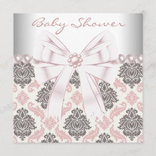 Invitation Perles roses Pink Brown Damask Baby Girl Douche