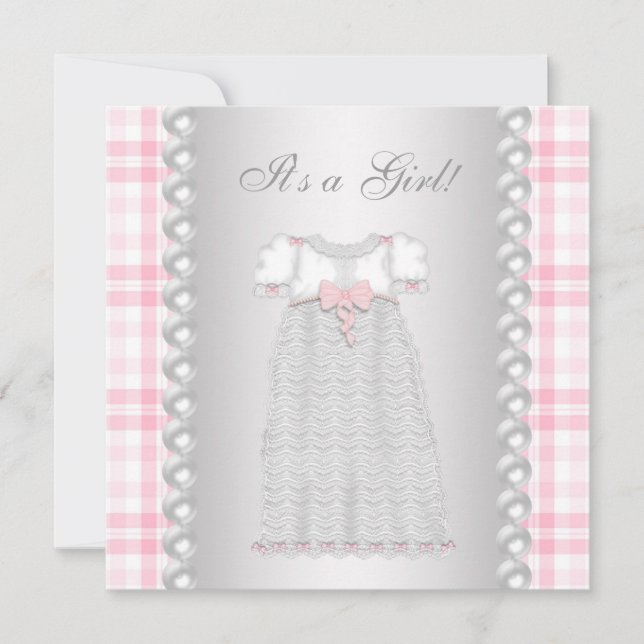 Invitation Perles roses Robe Rose En vichy bébé fille Douche (Devant)