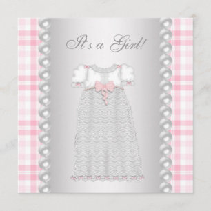 Invitation Perles roses Robe Rose En vichy bébé fille Douche
