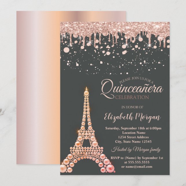 Invitation Perles Tour Eiffel, Pots Dérivés Quinceañera (Devant / Derrière)