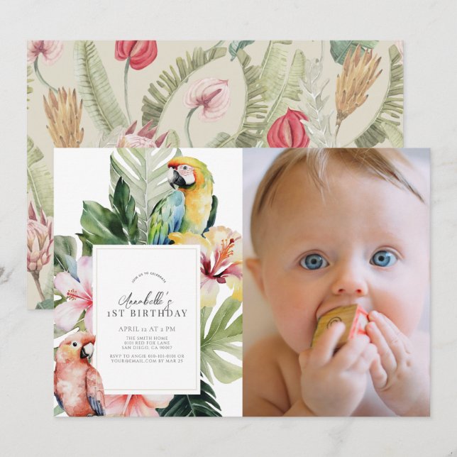 Invitation Perroquet floral tropical, photo du 1er anniversai (Devant / Derrière)