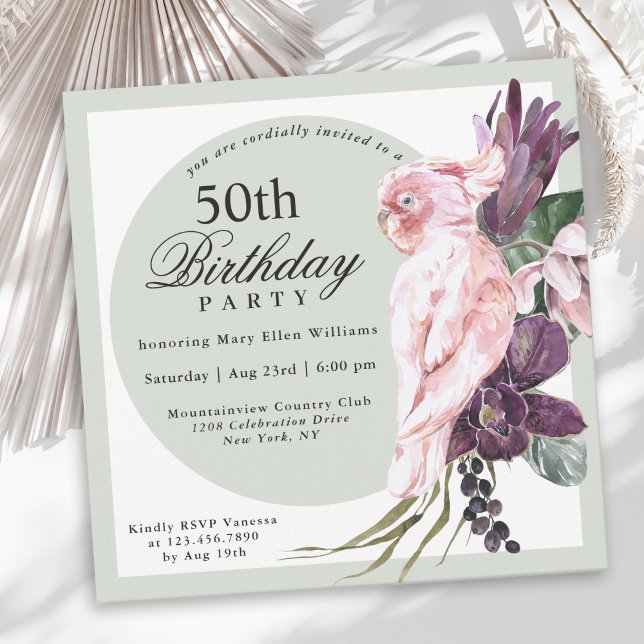 Invitation Perroquet rose tropical et floral de Sage 50e anni (Créateur téléchargé)