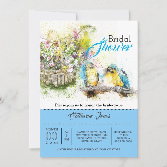 Invitation Perroquets tropicaux fleurs du pays aquarelle bleu (Devant)