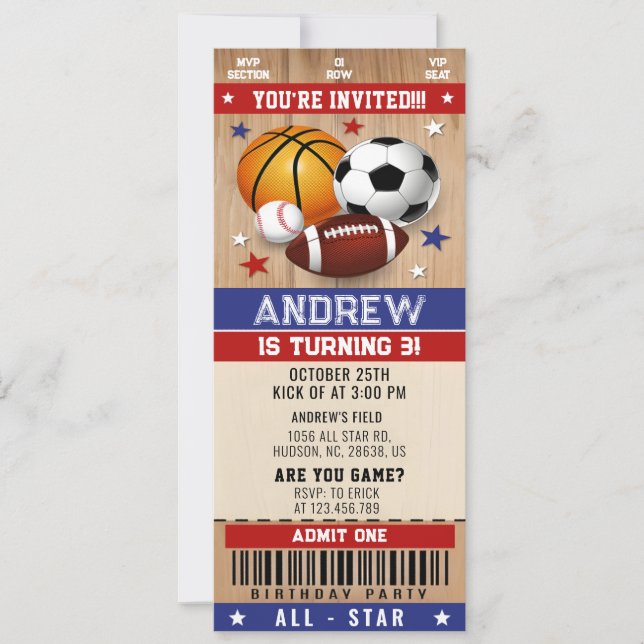 Invitation Personal All Stars Sports Billet Anniversaire (Devant)