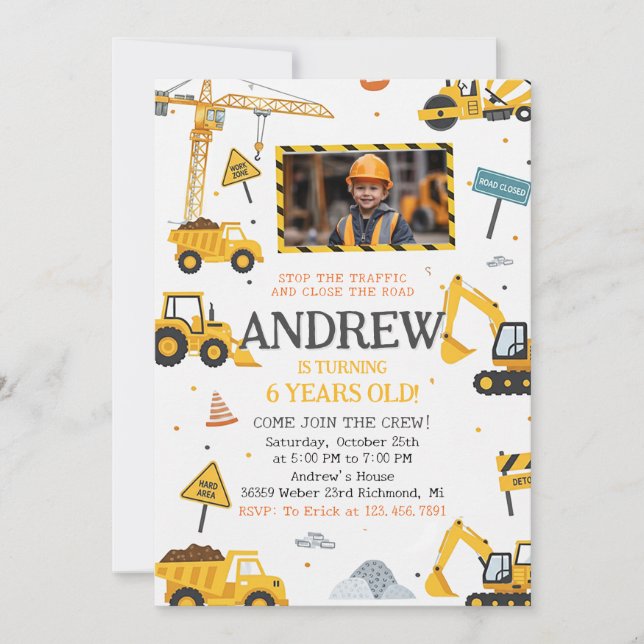 Invitation Personal Construction Birthday Party with Image (Devant)