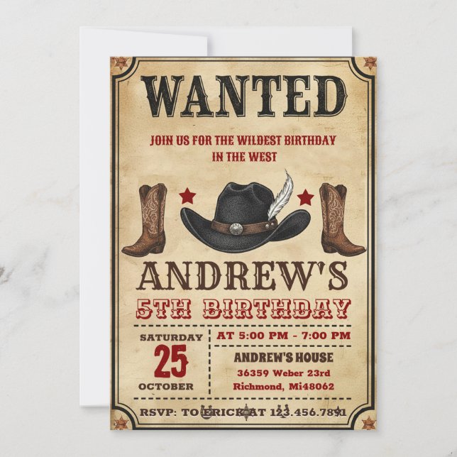 Invitation Personal Cowboy Wild West Party Birthday (Devant)