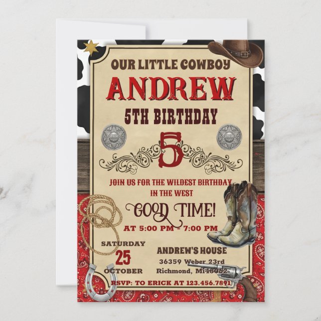 Invitation Personal Cowboy Wild West Rustic Wood Birthday (Devant)