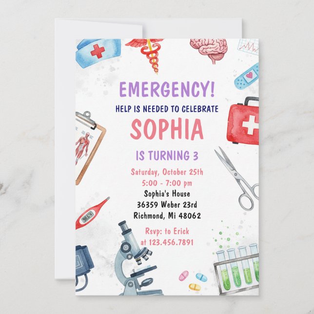 Invitation Personal Digital Kids Nurse Birthday Party (Devant)